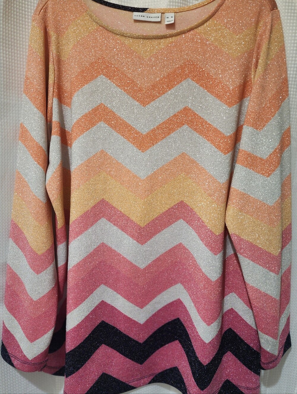 Susan Graver XL Lurex Lightweight  Stretch Knit Sweater Chevron Print Coral Pink